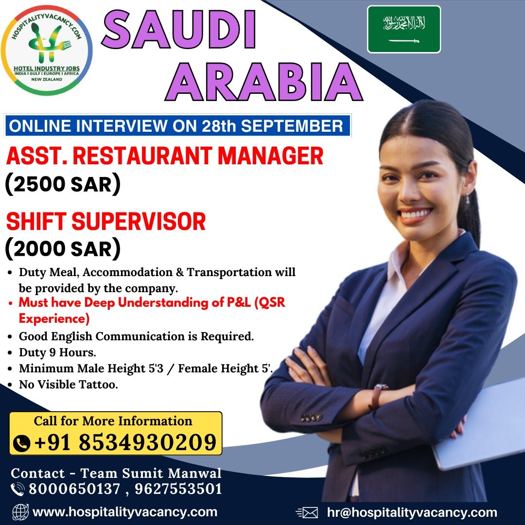 Hotel Jobs in Saudi Arabia Apply for Assistant Restaurant Manager & Shift Supervisor Roles